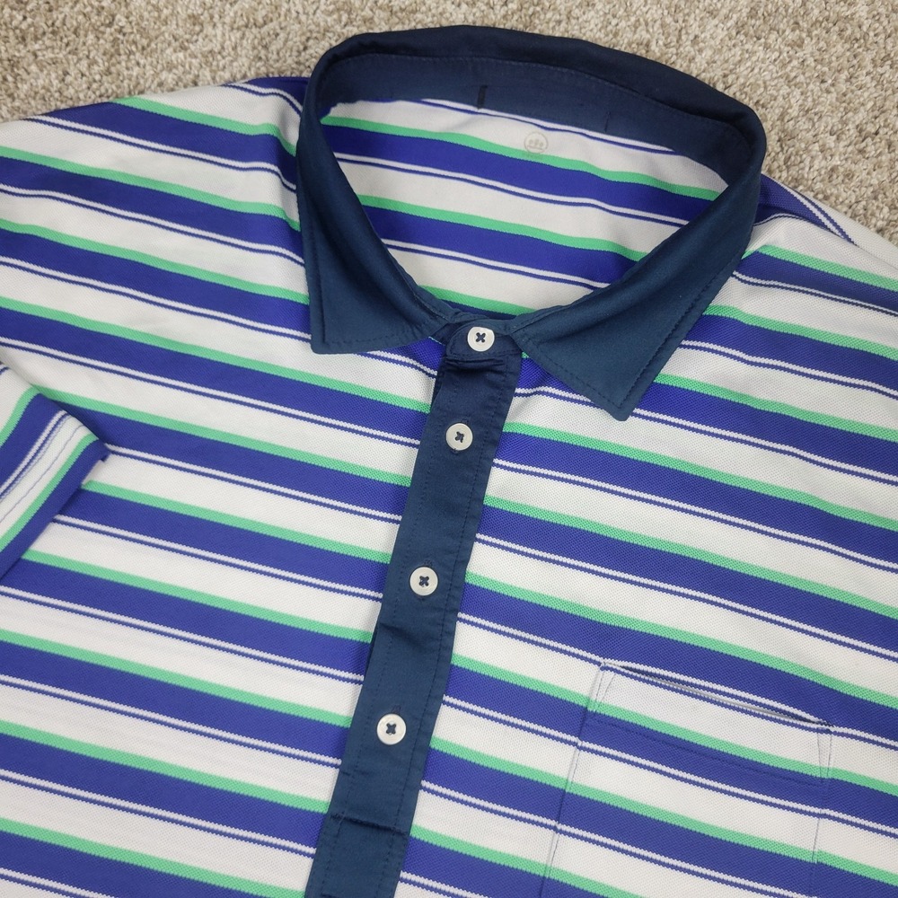 RLX Ralph Lauren Mens 2XL Blue White Striped Performance Stretch Golf Polo SS